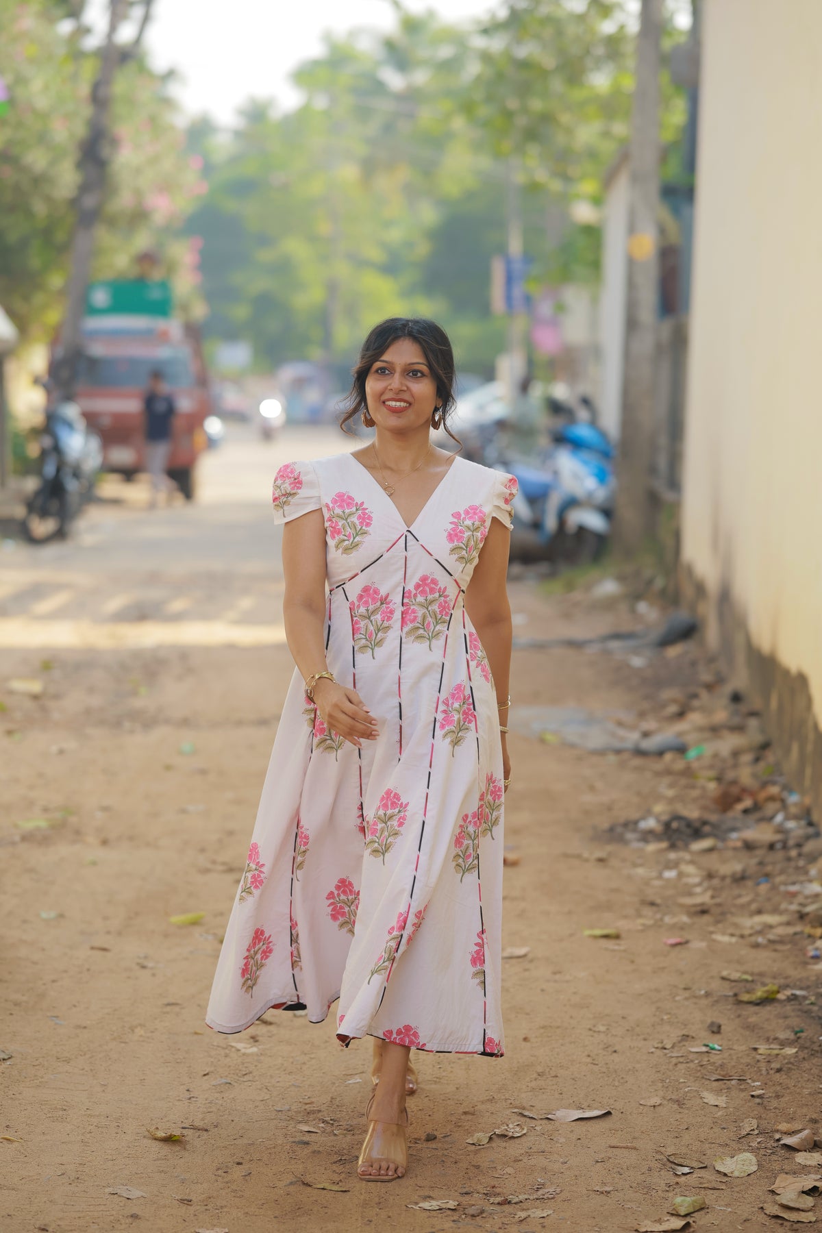 Sahana – Pink Floral Cotton Midi Dress with Lace-Up Back
