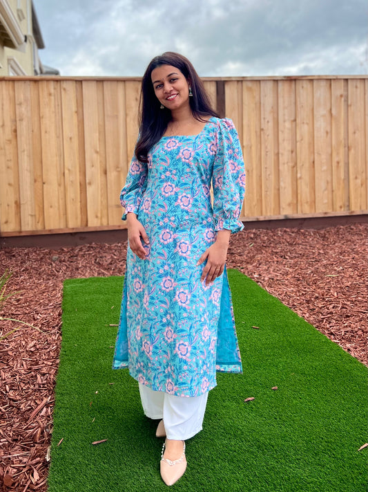 Aqua Blue Puff Sleeved Cotton Kurti