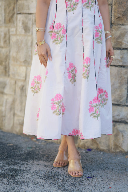 Sahana – Pink Floral Cotton Midi Dress with Lace-Up Back