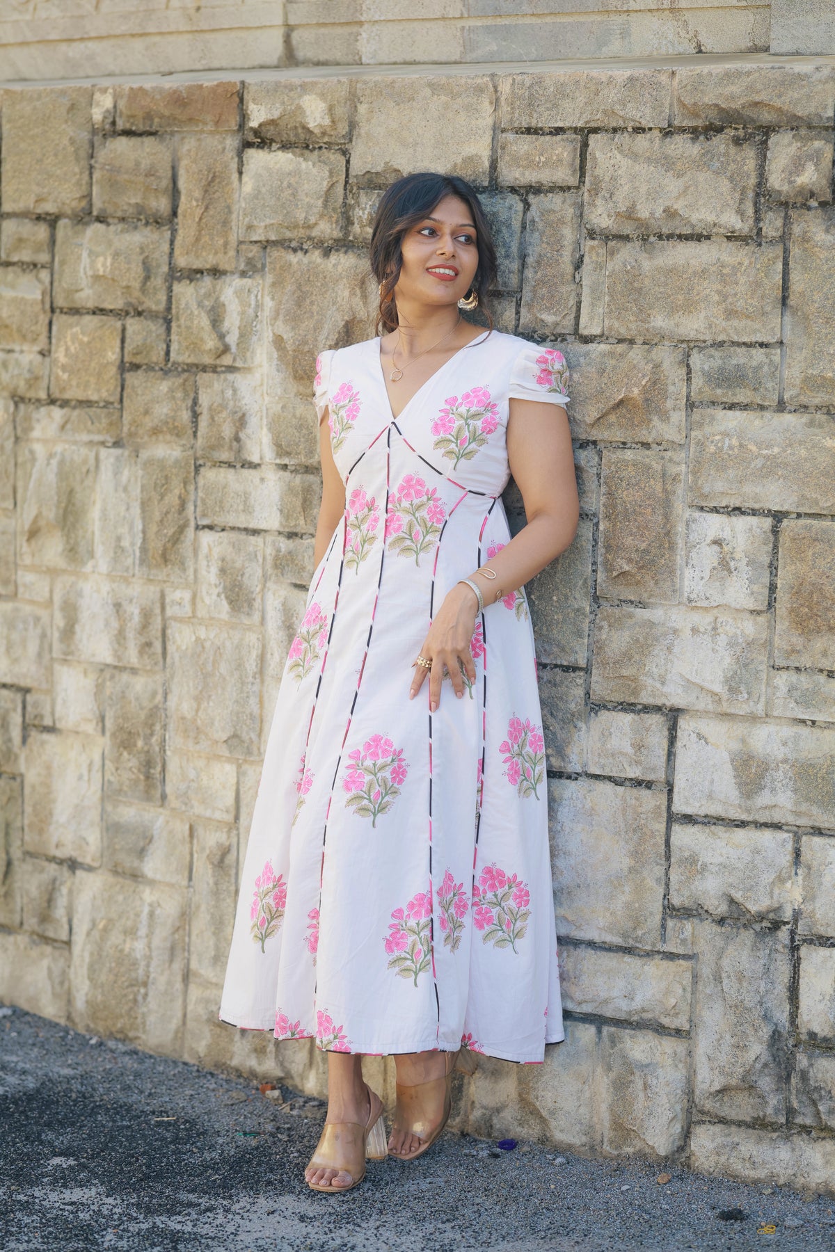 Sahana – Pink Floral Cotton Midi Dress with Lace-Up Back