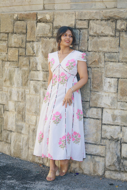 Sahana – Pink Floral Cotton Midi Dress with Lace-Up Back