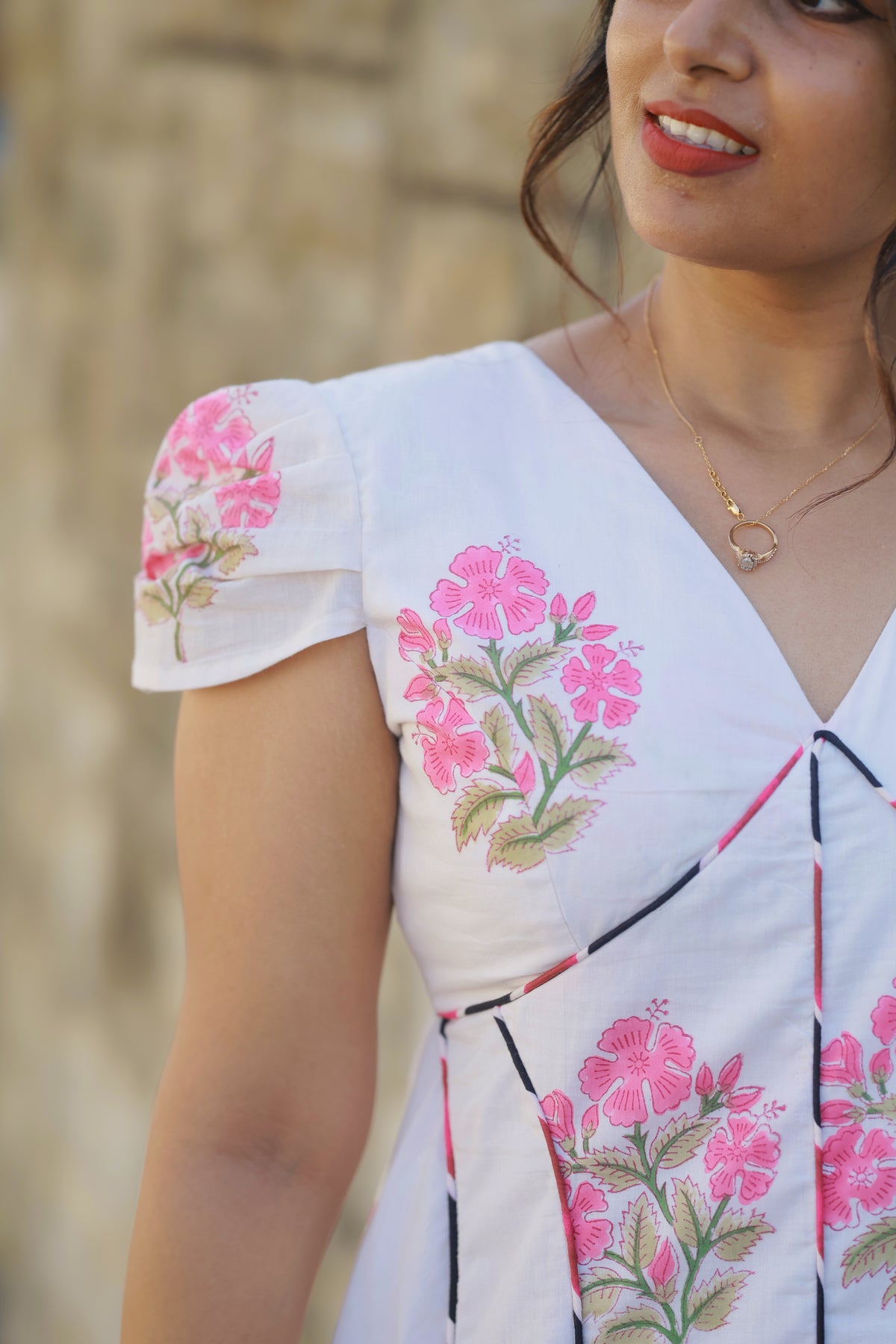 Sahana – Pink Floral Cotton Midi Dress with Lace-Up Back