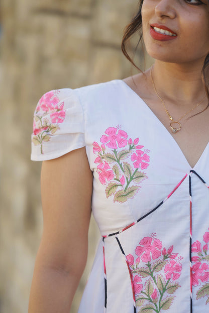 Sahana – Pink Floral Cotton Midi Dress with Lace-Up Back