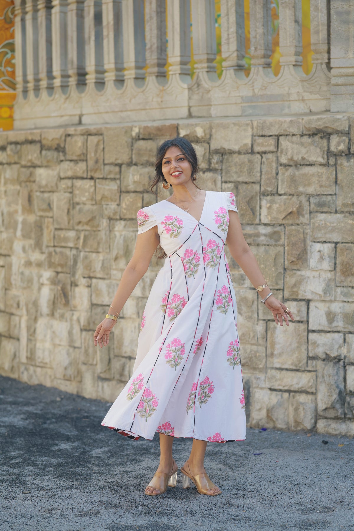 Sahana – Pink Floral Cotton Midi Dress with Lace-Up Back