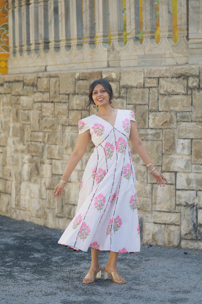 Sahana – Pink Floral Cotton Midi Dress with Lace-Up Back
