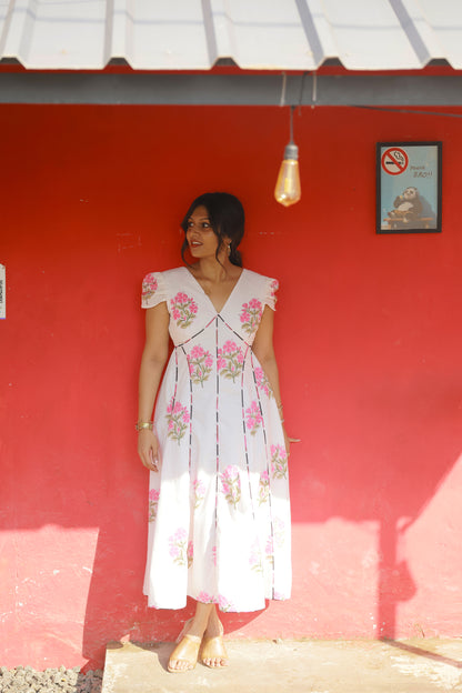 Sahana – Pink Floral Cotton Midi Dress with Lace-Up Back