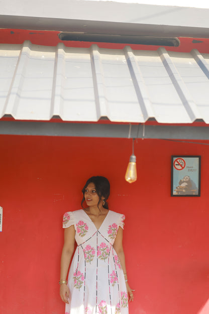 Sahana – Pink Floral Cotton Midi Dress with Lace-Up Back