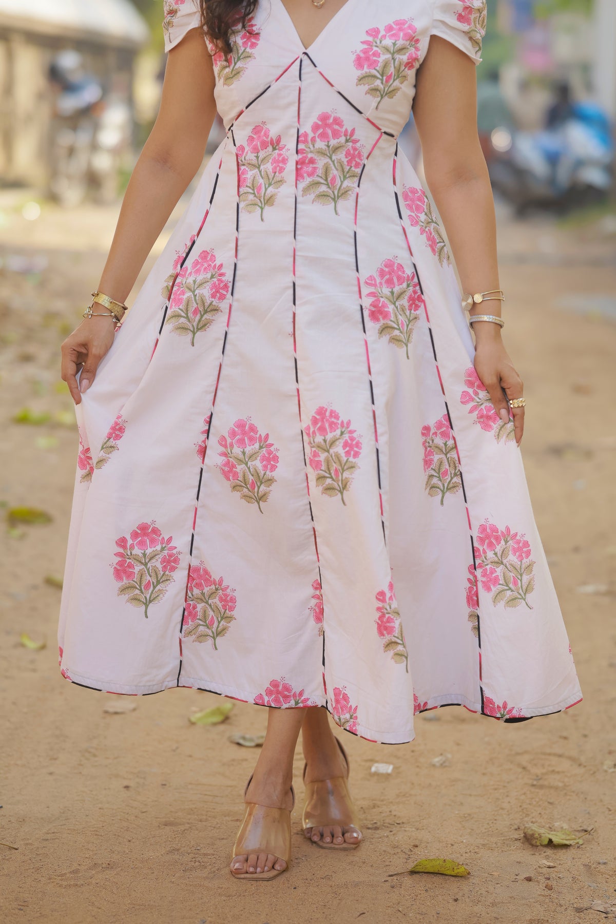 Sahana – Pink Floral Cotton Midi Dress with Lace-Up Back