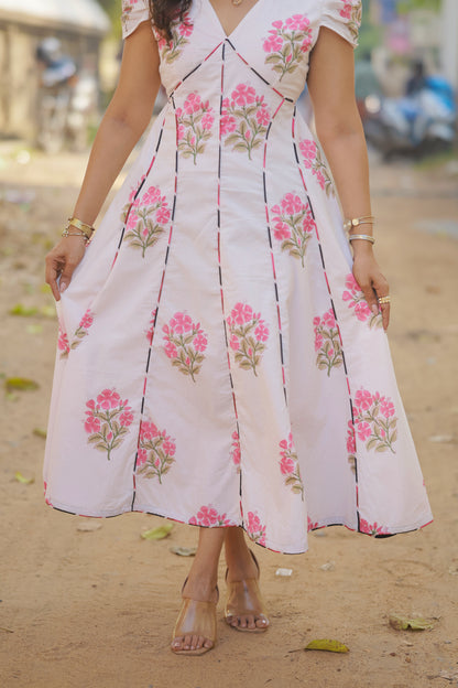Sahana – Pink Floral Cotton Midi Dress with Lace-Up Back