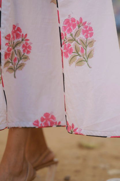 Sahana – Pink Floral Cotton Midi Dress with Lace-Up Back