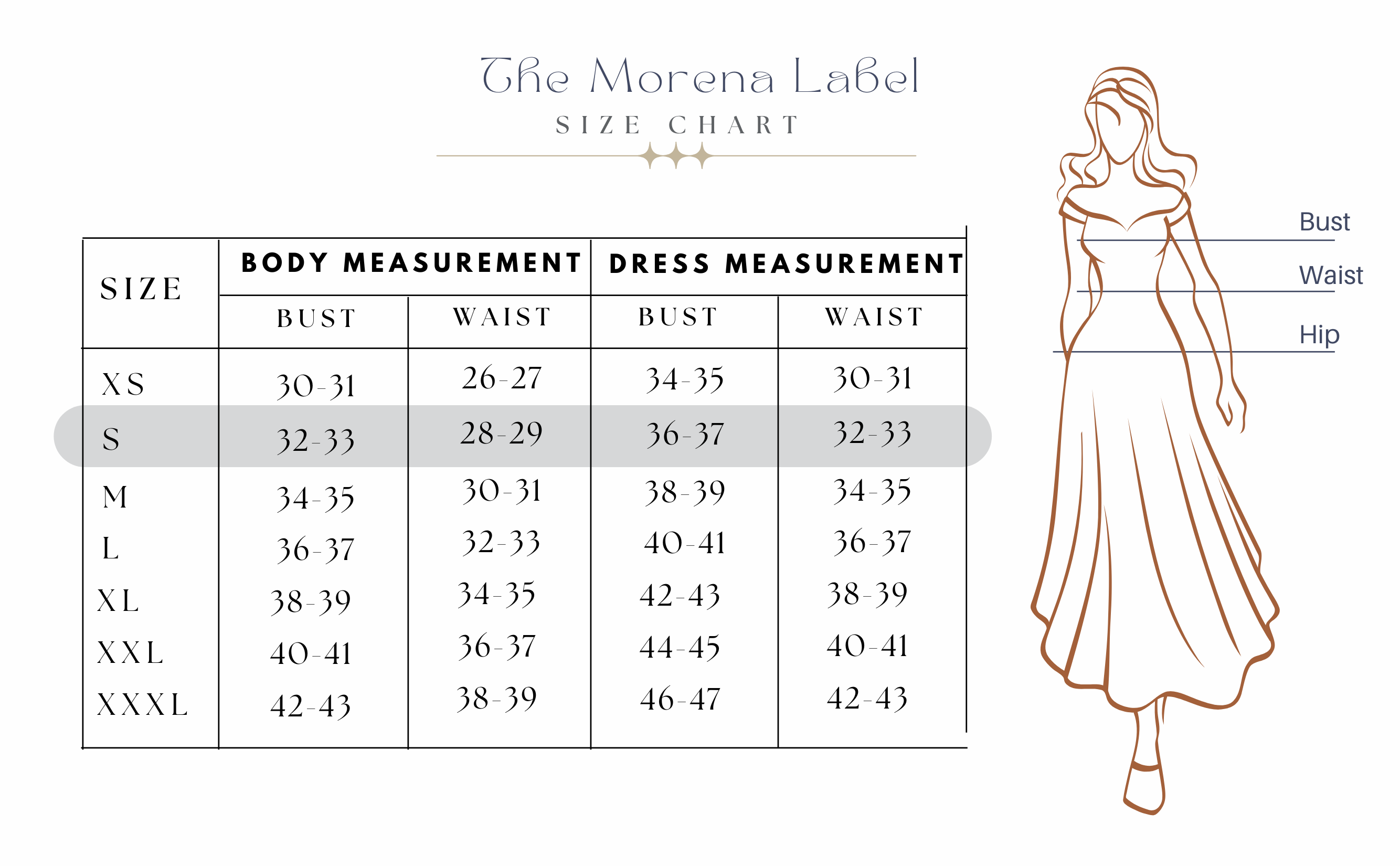 Dress sizes in sales inches