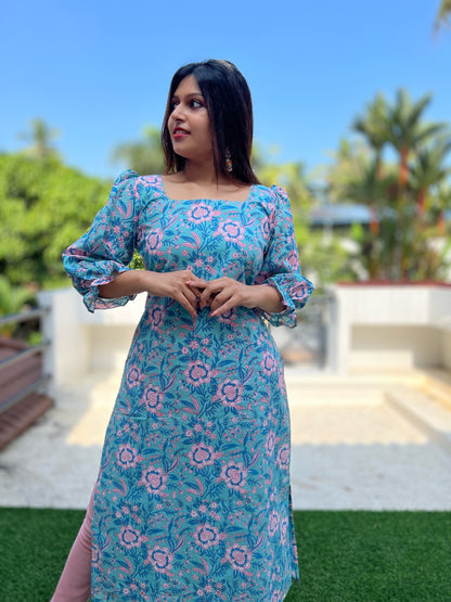 Aqua Blue Puff Sleeved Cotton Kurti