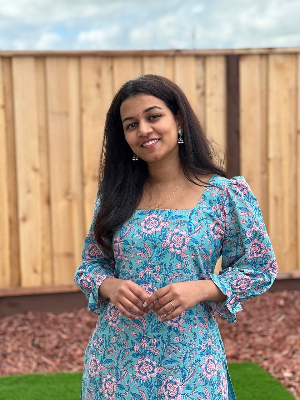 Aqua Blue Puff Sleeved Cotton Kurti