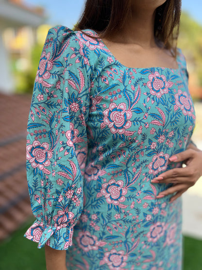 Aqua Blue Puff Sleeved Cotton Kurti