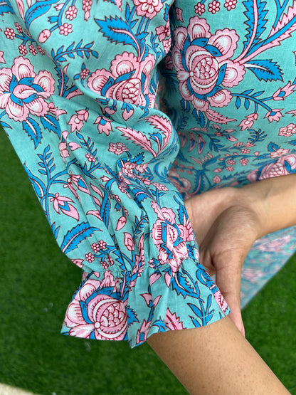 Aqua Blue Puff Sleeved Cotton Kurti