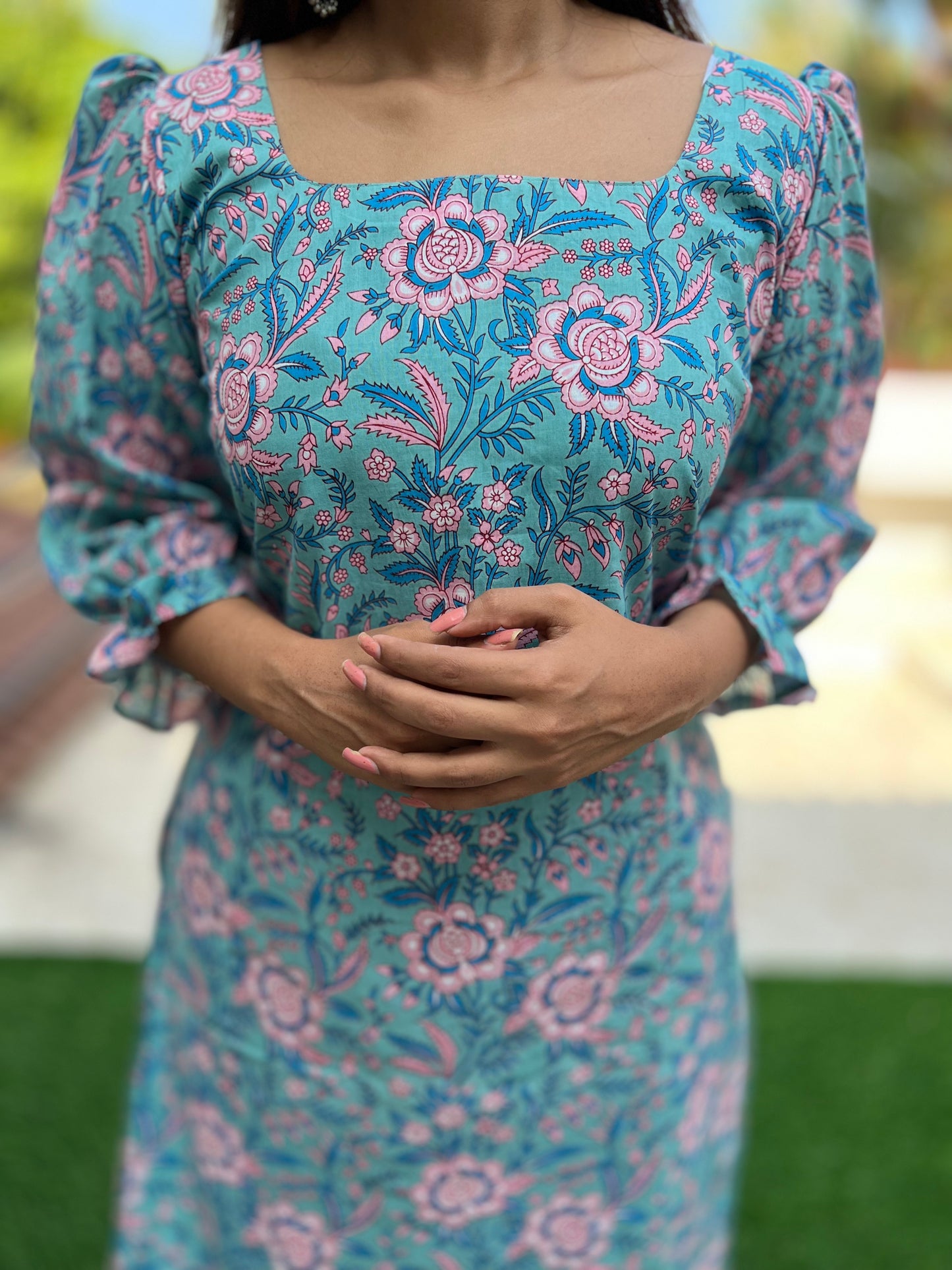 Aqua Blue Puff Sleeved Cotton Kurti