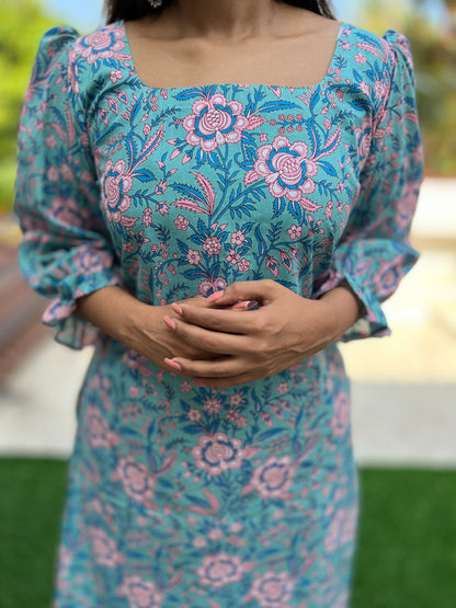 Aqua Blue Puff Sleeved Cotton Kurti